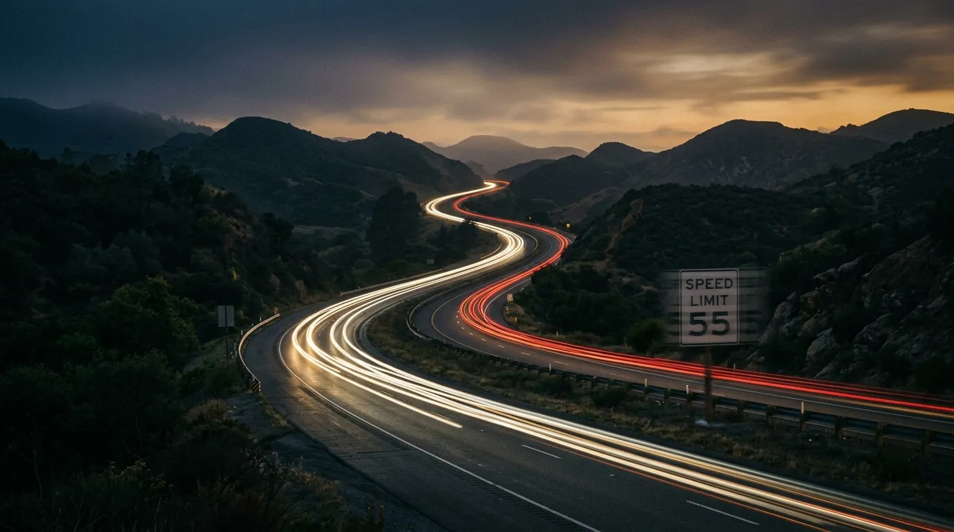 Highway winding through hills at dusk with long exposure traffic light streaks